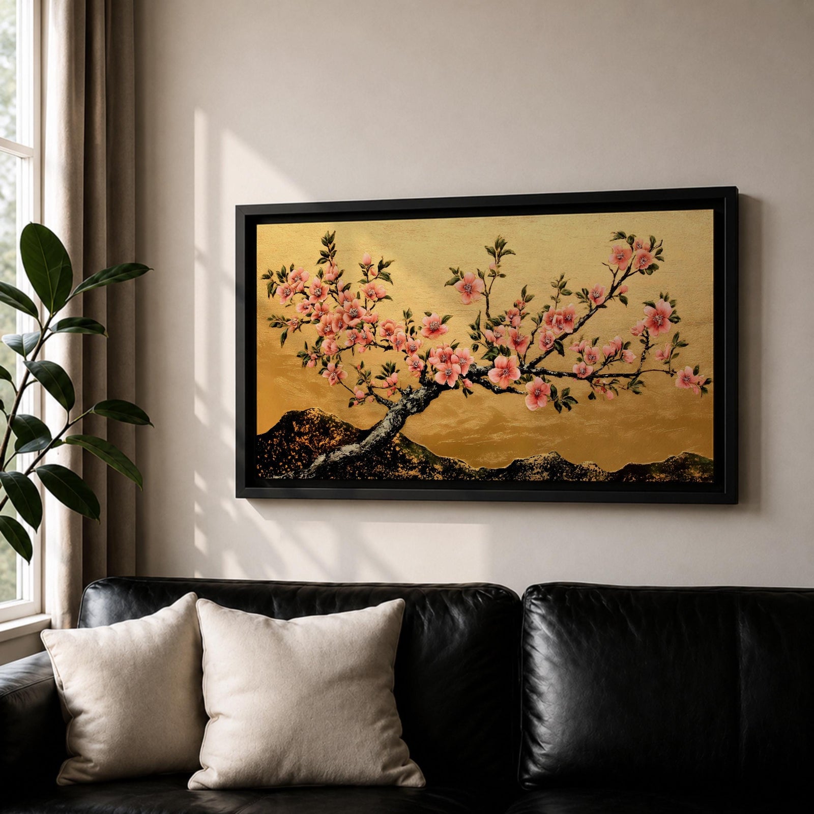 A panoramic painting of a flowering cherry blossom branch extending across the composition with clusters of soft pink sakura flowers and dark textured bark, set against a rich gold background with distant mountain silhouettes, rendered in a Japanese inspired style with detailed petals and balanced horizontal composition.