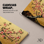 A panoramic painting of a flowering cherry blossom branch extending across the composition with clusters of soft pink sakura flowers and dark textured bark, set against a rich gold background with distant mountain silhouettes, rendered in a Japanese inspired style with detailed petals and balanced horizontal composition.