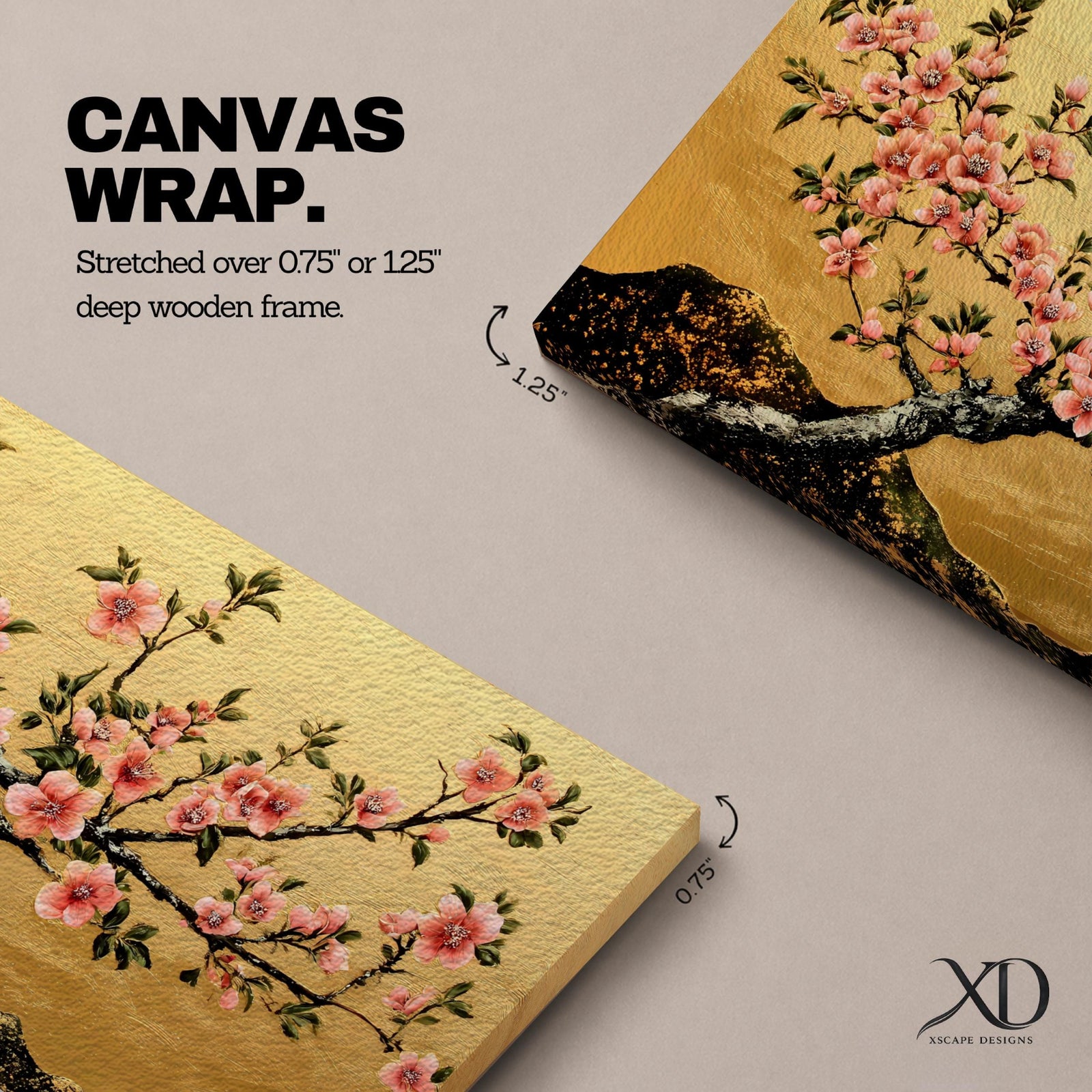 A panoramic painting of a flowering cherry blossom branch extending across the composition with clusters of soft pink sakura flowers and dark textured bark, set against a rich gold background with distant mountain silhouettes, rendered in a Japanese inspired style with detailed petals and balanced horizontal composition.