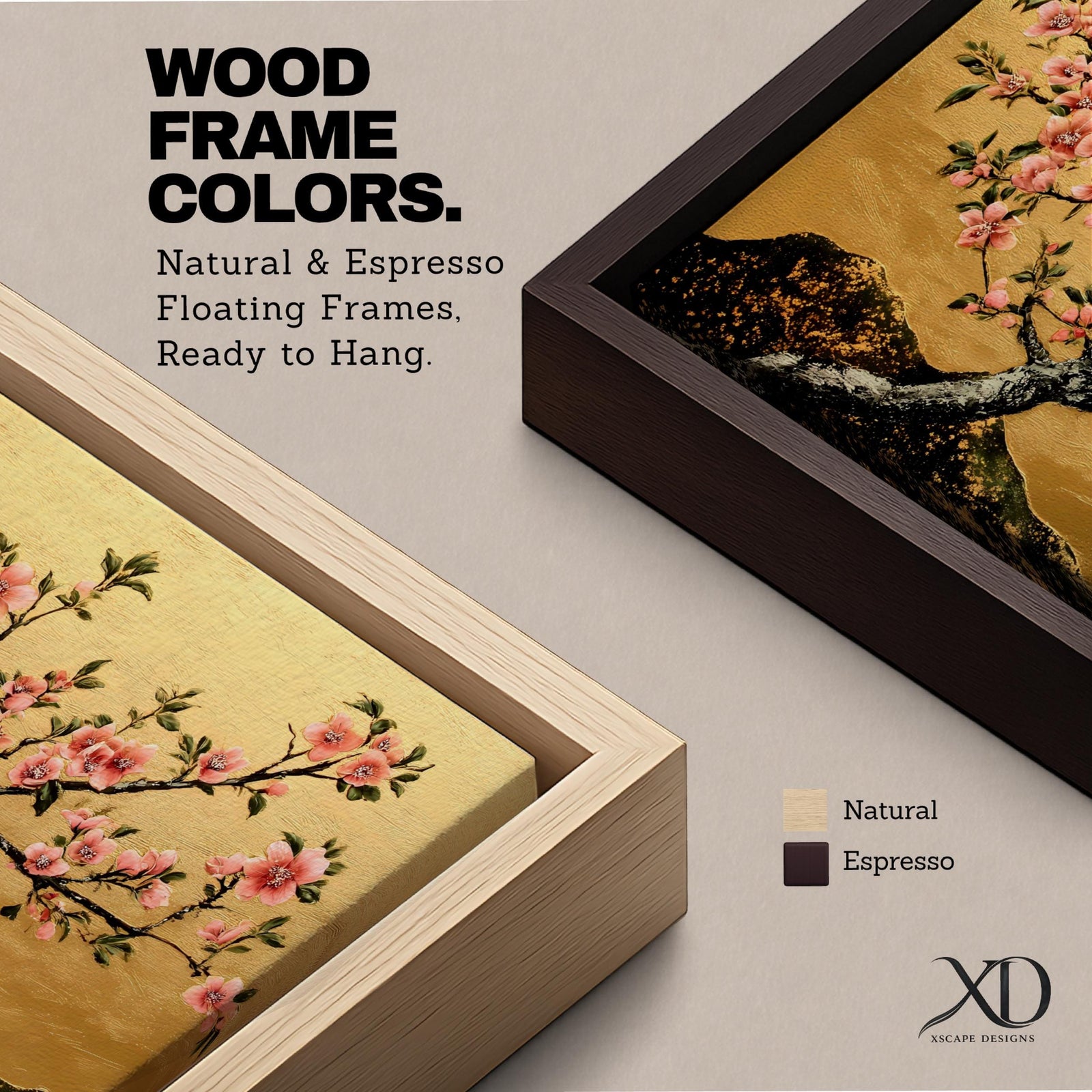 A panoramic painting of a flowering cherry blossom branch extending across the composition with clusters of soft pink sakura flowers and dark textured bark, set against a rich gold background with distant mountain silhouettes, rendered in a Japanese inspired style with detailed petals and balanced horizontal composition.