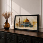 A panoramic painting of the Dome of the Rock featuring the iconic golden dome rising above detailed blue and turquoise tile architecture with a nearby minaret, rendered with textured brushstrokes and warm golden tones that highlight the historic Islamic shrine in Jerusalem.