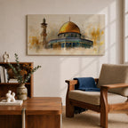 A panoramic painting of the Dome of the Rock featuring the iconic golden dome rising above detailed blue and turquoise tile architecture with a nearby minaret, rendered with textured brushstrokes and warm golden tones that highlight the historic Islamic shrine in Jerusalem.