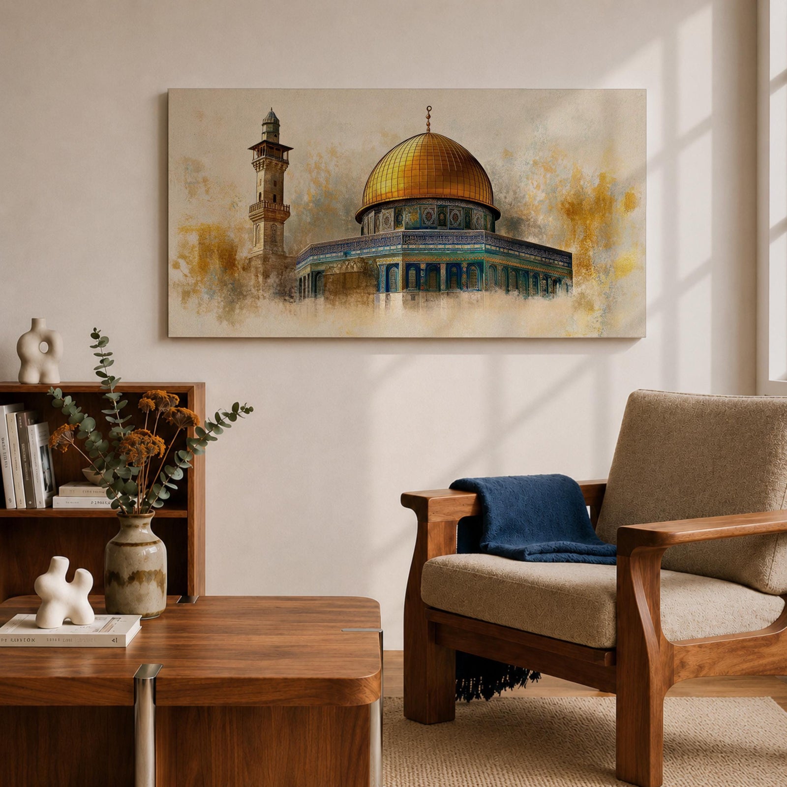 A panoramic painting of the Dome of the Rock featuring the iconic golden dome rising above detailed blue and turquoise tile architecture with a nearby minaret, rendered with textured brushstrokes and warm golden tones that highlight the historic Islamic shrine in Jerusalem.