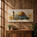 A panoramic painting of the Dome of the Rock featuring the iconic golden dome rising above detailed blue and turquoise tile architecture with a nearby minaret, rendered with textured brushstrokes and warm golden tones that highlight the historic Islamic shrine in Jerusalem.