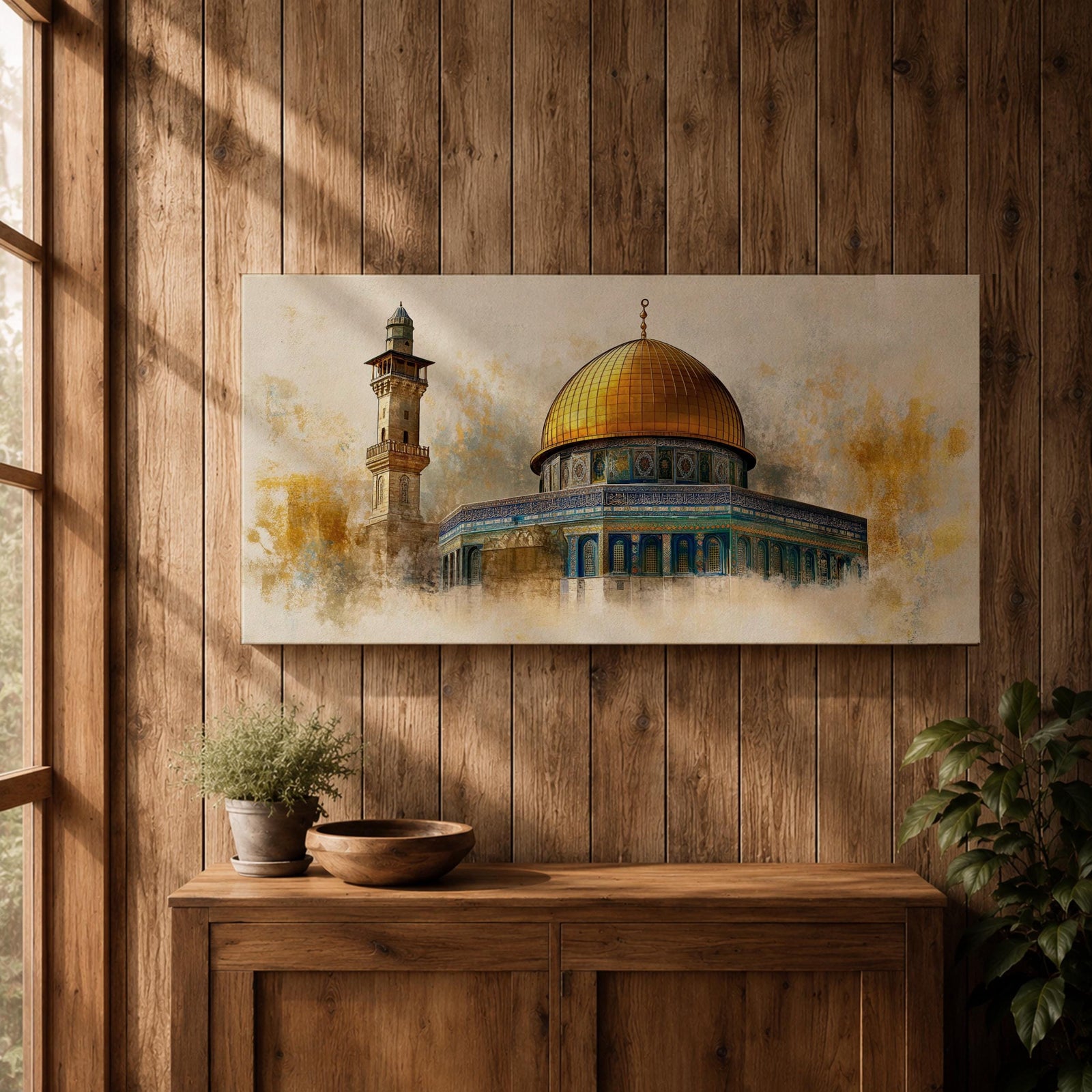 A panoramic painting of the Dome of the Rock featuring the iconic golden dome rising above detailed blue and turquoise tile architecture with a nearby minaret, rendered with textured brushstrokes and warm golden tones that highlight the historic Islamic shrine in Jerusalem.