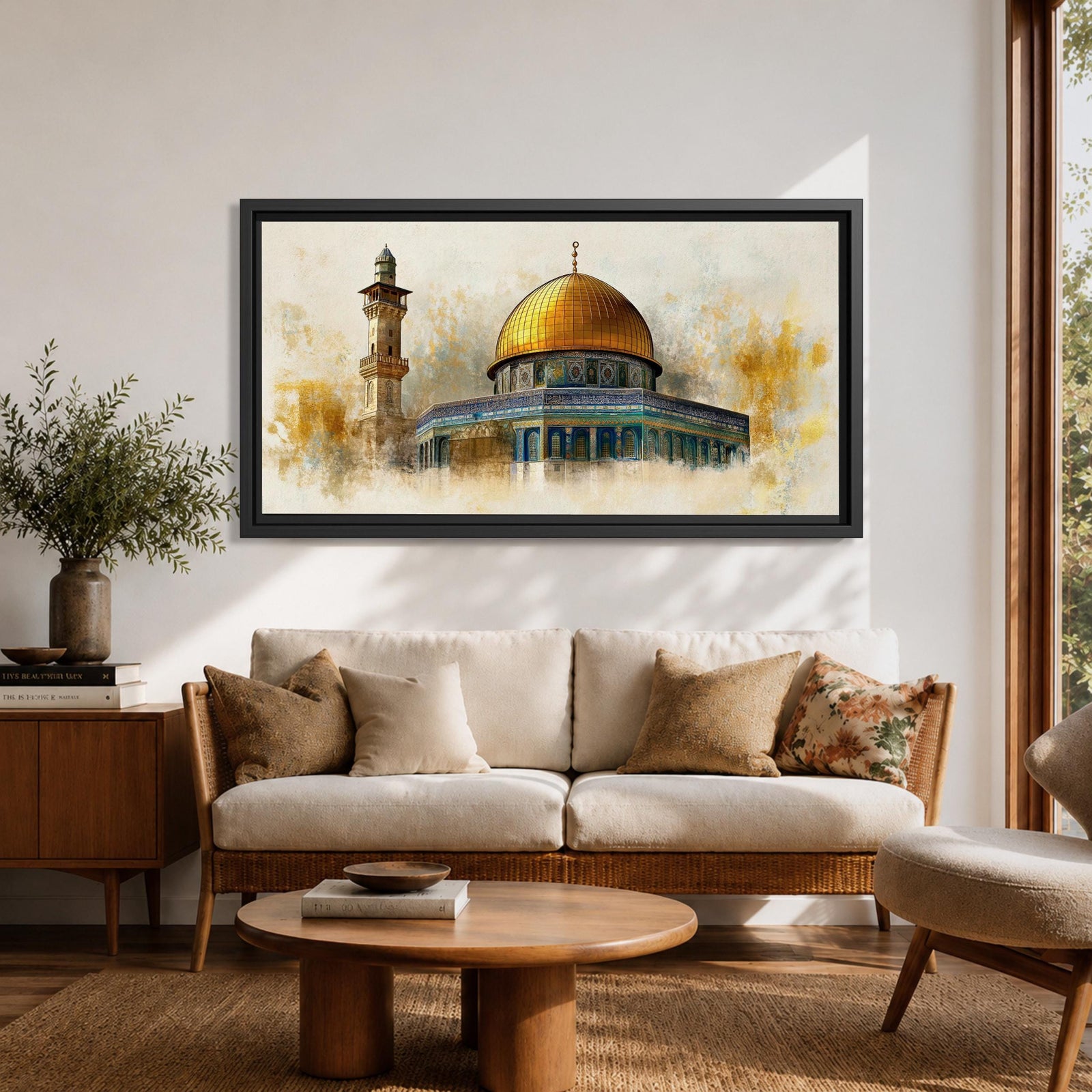 A panoramic painting of the Dome of the Rock featuring the iconic golden dome rising above detailed blue and turquoise tile architecture with a nearby minaret, rendered with textured brushstrokes and warm golden tones that highlight the historic Islamic shrine in Jerusalem.