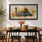 A panoramic painting of the Dome of the Rock featuring the iconic golden dome rising above detailed blue and turquoise tile architecture with a nearby minaret, rendered with textured brushstrokes and warm golden tones that highlight the historic Islamic shrine in Jerusalem.