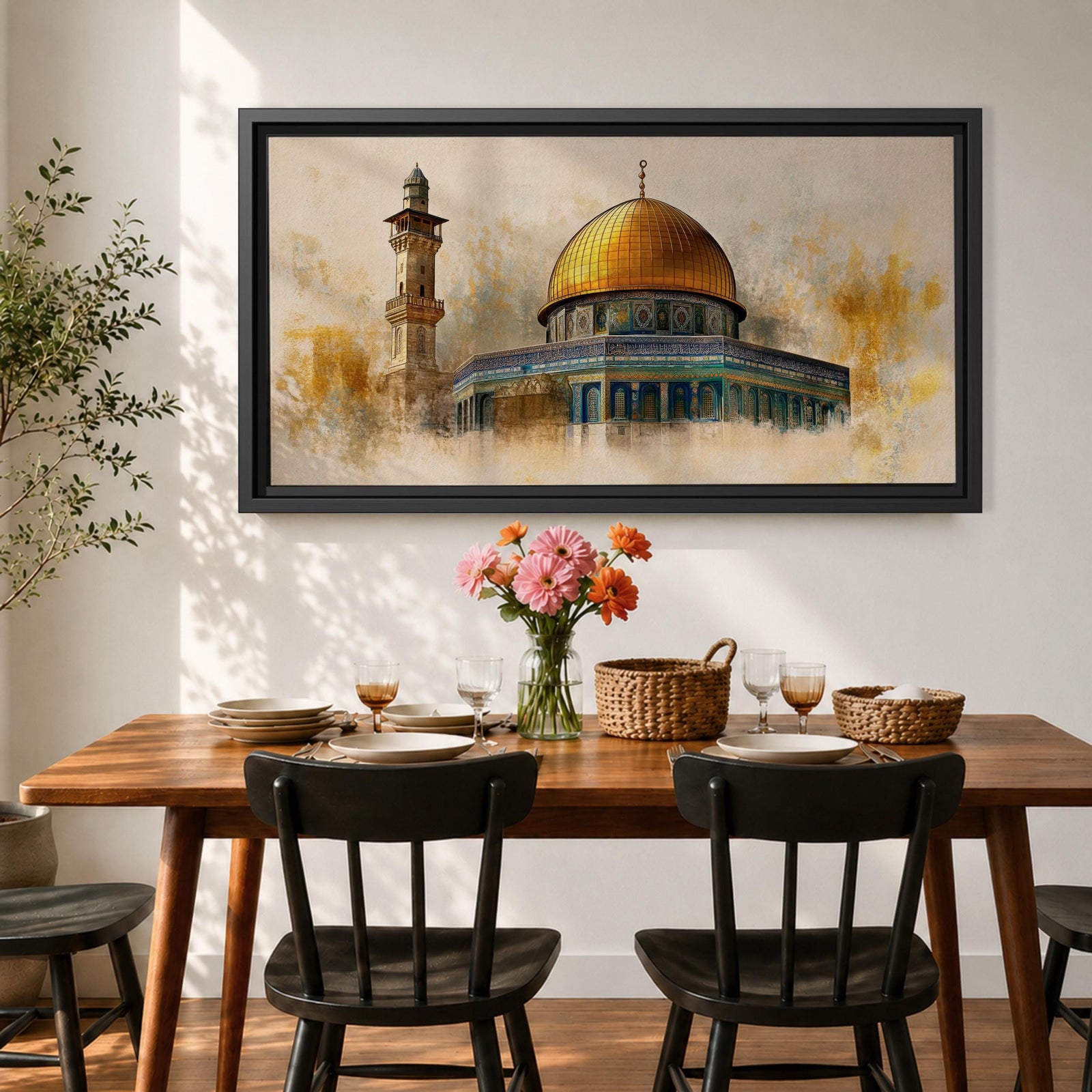 A panoramic painting of the Dome of the Rock featuring the iconic golden dome rising above detailed blue and turquoise tile architecture with a nearby minaret, rendered with textured brushstrokes and warm golden tones that highlight the historic Islamic shrine in Jerusalem.