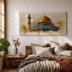 A panoramic painting of the Dome of the Rock featuring the iconic golden dome rising above detailed blue and turquoise tile architecture with a nearby minaret, rendered with textured brushstrokes and warm golden tones that highlight the historic Islamic shrine in Jerusalem.
