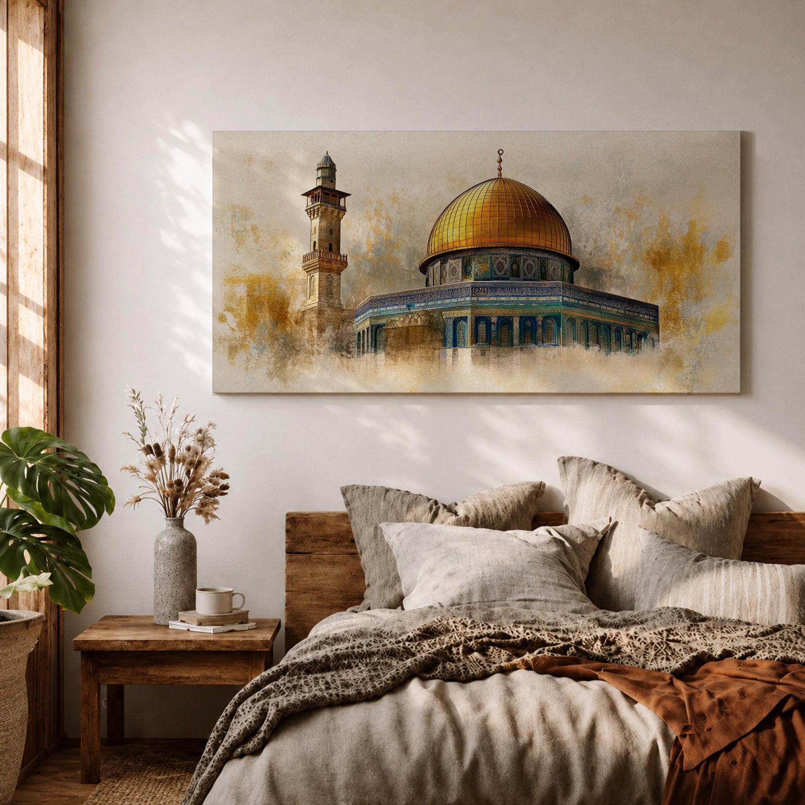 A panoramic painting of the Dome of the Rock featuring the iconic golden dome rising above detailed blue and turquoise tile architecture with a nearby minaret, rendered with textured brushstrokes and warm golden tones that highlight the historic Islamic shrine in Jerusalem.