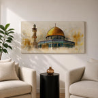 A panoramic painting of the Dome of the Rock featuring the iconic golden dome rising above detailed blue and turquoise tile architecture with a nearby minaret, rendered with textured brushstrokes and warm golden tones that highlight the historic Islamic shrine in Jerusalem.