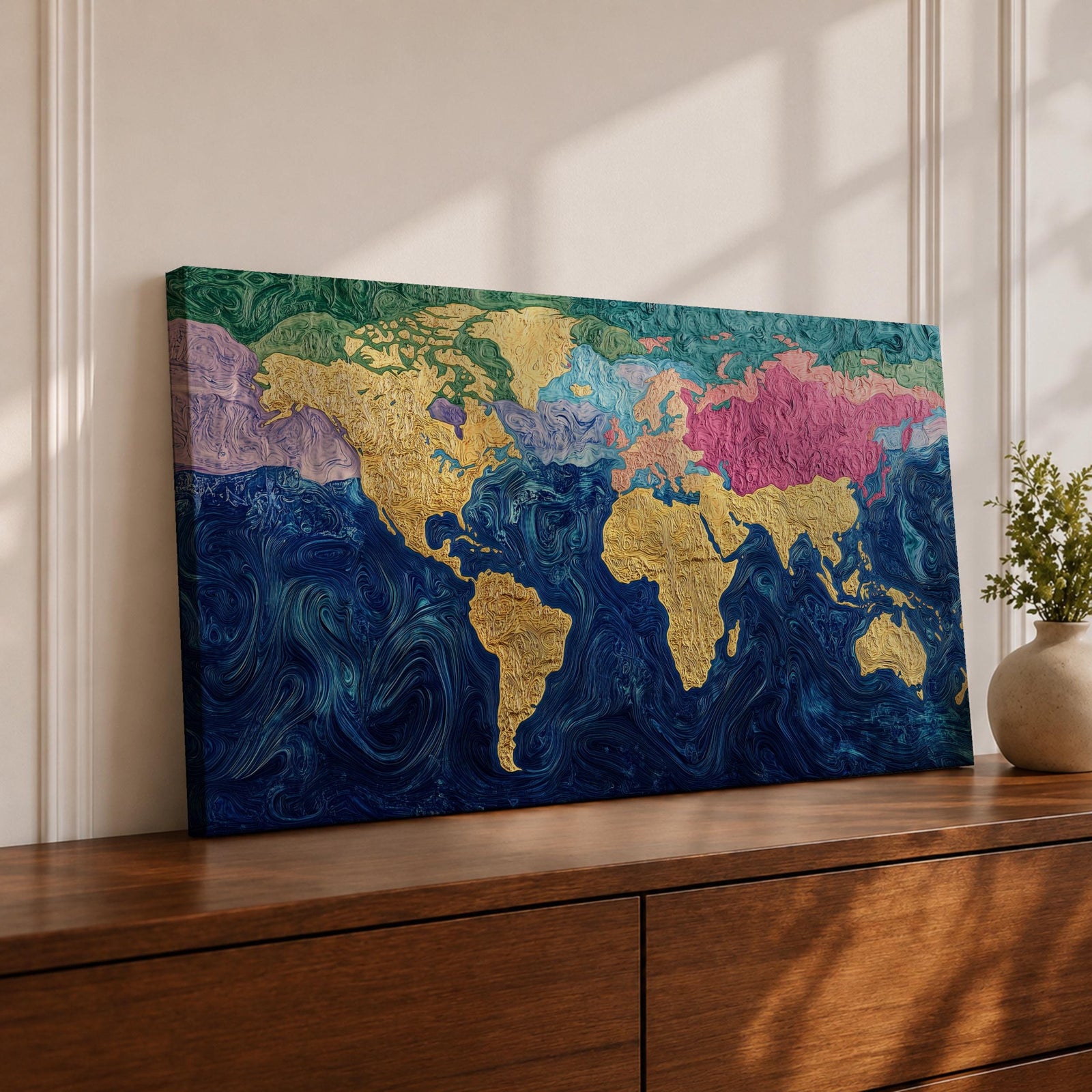 A panoramic abstract world map painting showing continents in raised textured gold tones surrounded by deep swirling blue oceans, with regions highlighted in pastel shades across Europe, Asia, and North America, creating a modern atlas style composition with rich brushwork and layered surface texture.