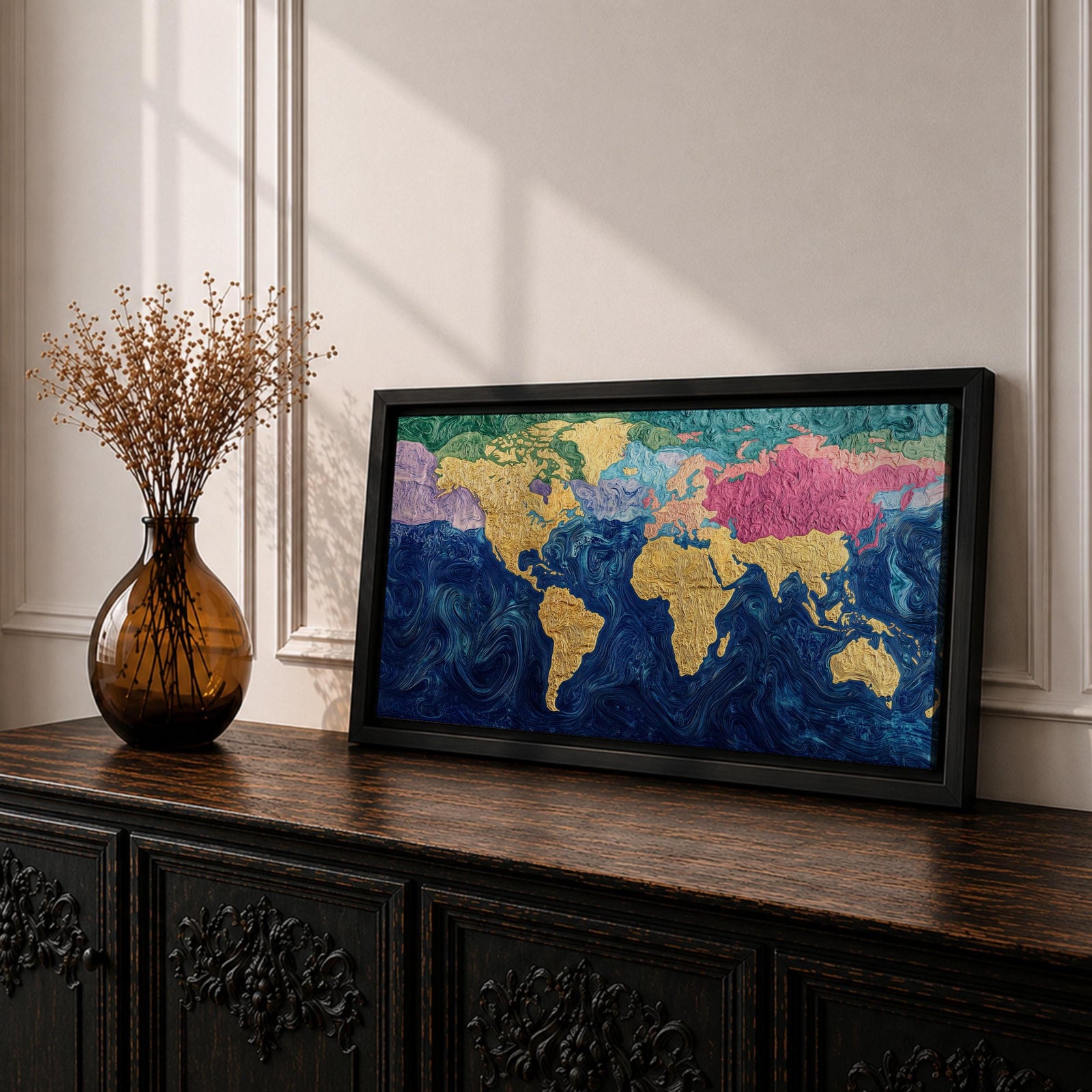 A panoramic abstract world map painting showing continents in raised textured gold tones surrounded by deep swirling blue oceans, with regions highlighted in pastel shades across Europe, Asia, and North America, creating a modern atlas style composition with rich brushwork and layered surface texture.