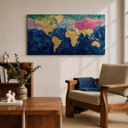 A panoramic abstract world map painting showing continents in raised textured gold tones surrounded by deep swirling blue oceans, with regions highlighted in pastel shades across Europe, Asia, and North America, creating a modern atlas style composition with rich brushwork and layered surface texture.