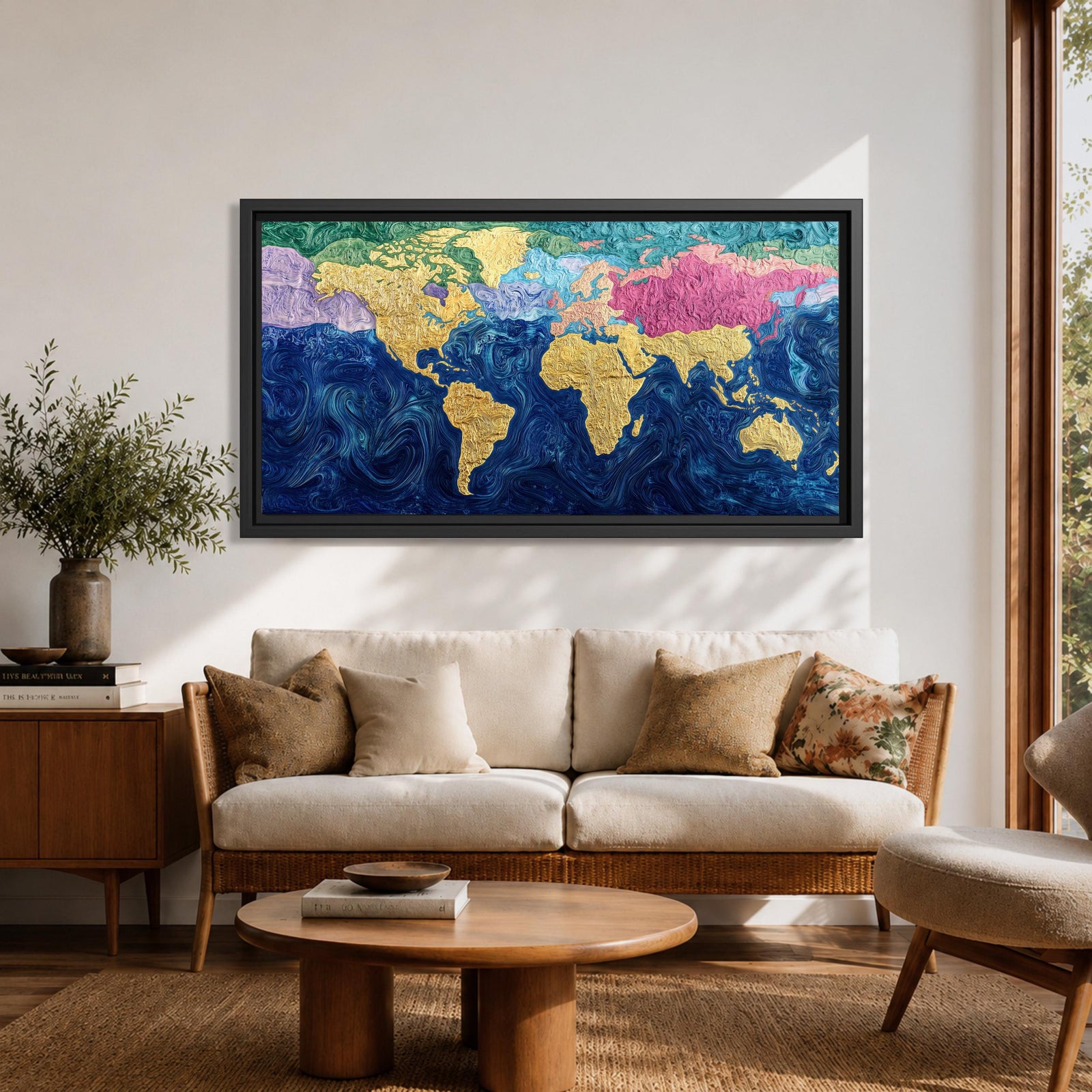 A panoramic abstract world map painting showing continents in raised textured gold tones surrounded by deep swirling blue oceans, with regions highlighted in pastel shades across Europe, Asia, and North America, creating a modern atlas style composition with rich brushwork and layered surface texture.