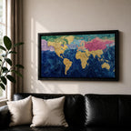 A panoramic abstract world map painting showing continents in raised textured gold tones surrounded by deep swirling blue oceans, with regions highlighted in pastel shades across Europe, Asia, and North America, creating a modern atlas style composition with rich brushwork and layered surface texture.