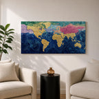 A panoramic abstract world map painting showing continents in raised textured gold tones surrounded by deep swirling blue oceans, with regions highlighted in pastel shades across Europe, Asia, and North America, creating a modern atlas style composition with rich brushwork and layered surface texture.