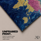 A panoramic abstract world map painting showing continents in raised textured gold tones surrounded by deep swirling blue oceans, with regions highlighted in pastel shades across Europe, Asia, and North America, creating a modern atlas style composition with rich brushwork and layered surface texture.
