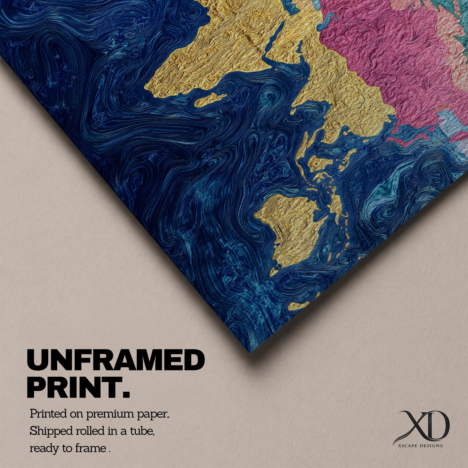 A panoramic abstract world map painting showing continents in raised textured gold tones surrounded by deep swirling blue oceans, with regions highlighted in pastel shades across Europe, Asia, and North America, creating a modern atlas style composition with rich brushwork and layered surface texture.