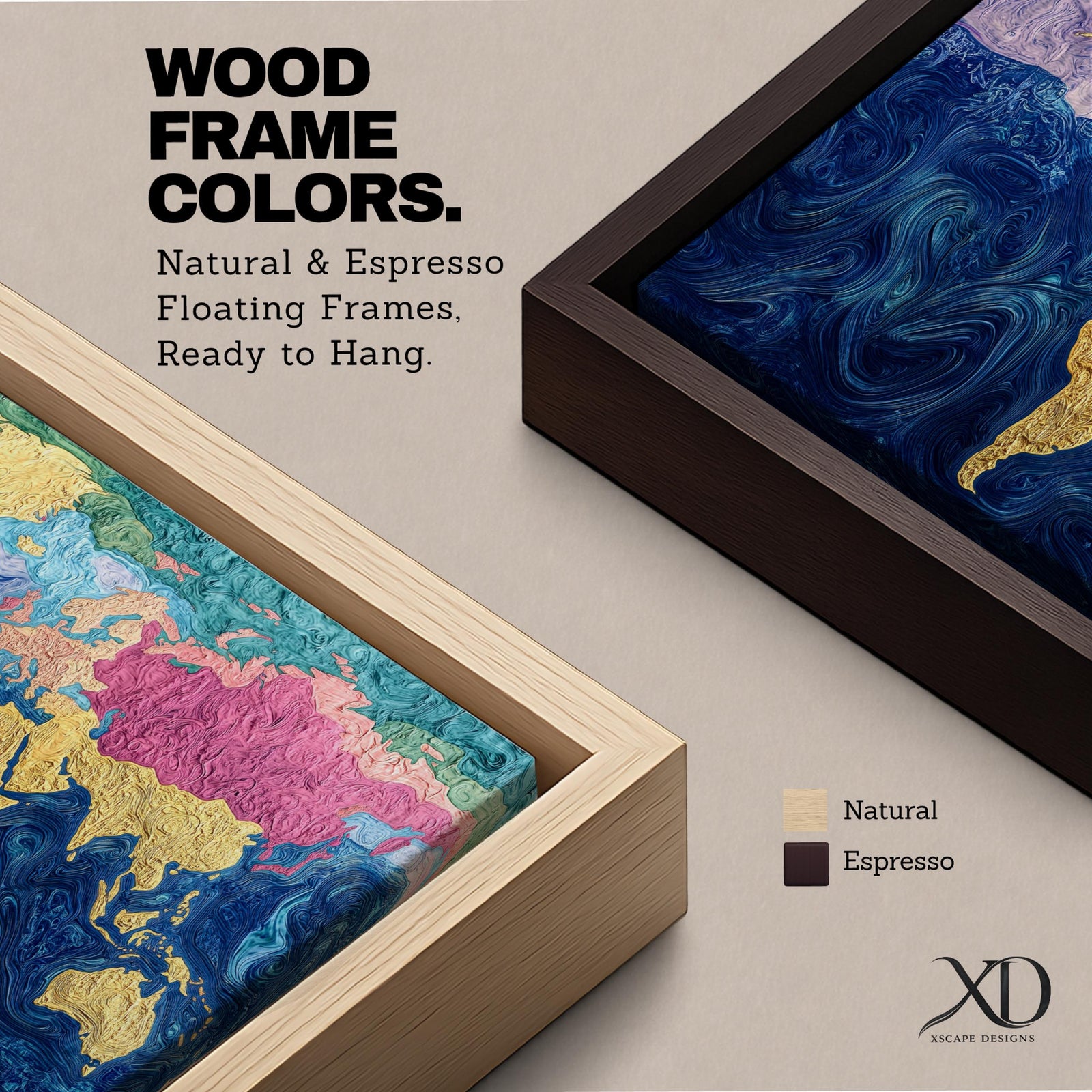 A panoramic abstract world map painting showing continents in raised textured gold tones surrounded by deep swirling blue oceans, with regions highlighted in pastel shades across Europe, Asia, and North America, creating a modern atlas style composition with rich brushwork and layered surface texture.