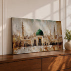 A panoramic painting of Masjid Al Nabawi in Medina featuring the iconic green dome centered among elegant mosque arches and tall minarets, rendered with textured brushstrokes and warm beige and gold tones that highlight the sacred architecture and expansive courtyard of the historic Islamic landmark.