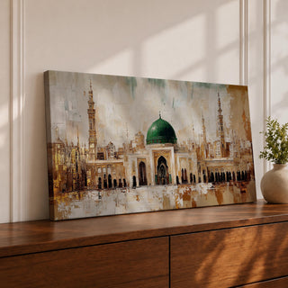 A panoramic painting of Masjid Al Nabawi in Medina featuring the iconic green dome centered among elegant mosque arches and tall minarets, rendered with textured brushstrokes and warm beige and gold tones that highlight the sacred architecture and expansive courtyard of the historic Islamic landmark.