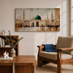 A panoramic painting of Masjid Al Nabawi in Medina featuring the iconic green dome centered among elegant mosque arches and tall minarets, rendered with textured brushstrokes and warm beige and gold tones that highlight the sacred architecture and expansive courtyard of the historic Islamic landmark.