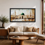 A panoramic painting of Masjid Al Nabawi in Medina featuring the iconic green dome centered among elegant mosque arches and tall minarets, rendered with textured brushstrokes and warm beige and gold tones that highlight the sacred architecture and expansive courtyard of the historic Islamic landmark.