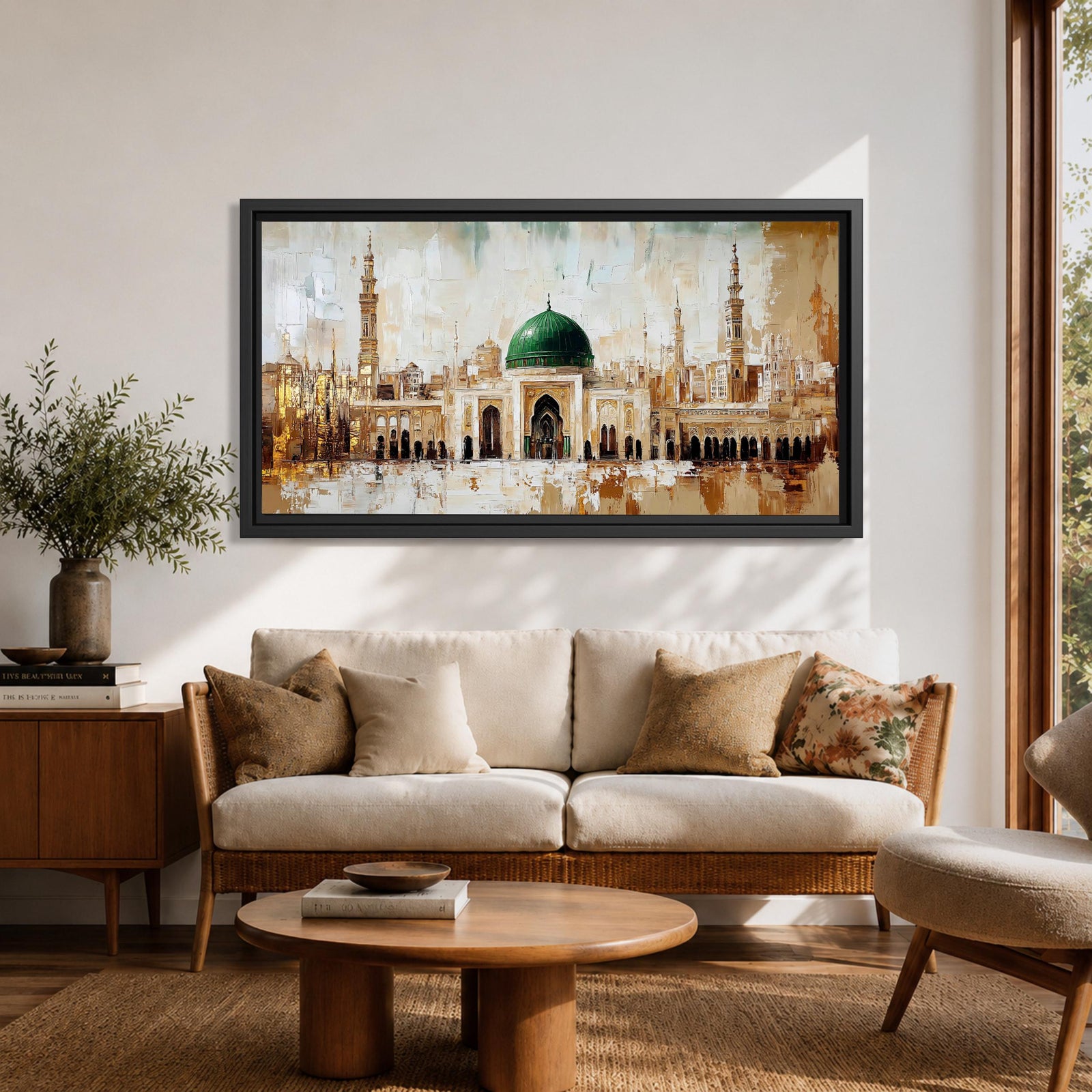 A panoramic painting of Masjid Al Nabawi in Medina featuring the iconic green dome centered among elegant mosque arches and tall minarets, rendered with textured brushstrokes and warm beige and gold tones that highlight the sacred architecture and expansive courtyard of the historic Islamic landmark.