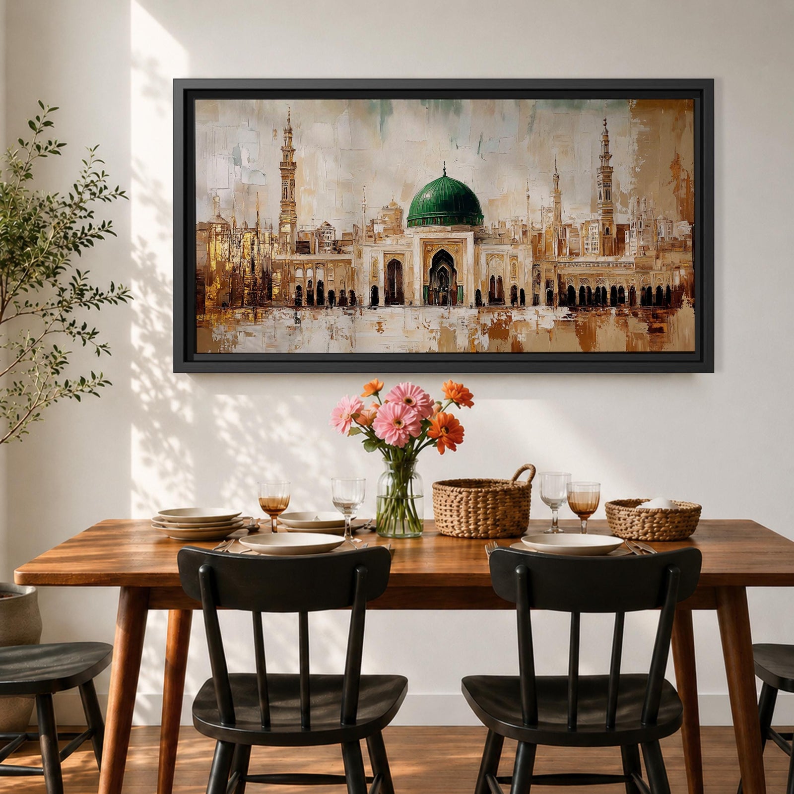 A panoramic painting of Masjid Al Nabawi in Medina featuring the iconic green dome centered among elegant mosque arches and tall minarets, rendered with textured brushstrokes and warm beige and gold tones that highlight the sacred architecture and expansive courtyard of the historic Islamic landmark.