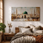A panoramic painting of Masjid Al Nabawi in Medina featuring the iconic green dome centered among elegant mosque arches and tall minarets, rendered with textured brushstrokes and warm beige and gold tones that highlight the sacred architecture and expansive courtyard of the historic Islamic landmark.