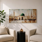 A panoramic painting of Masjid Al Nabawi in Medina featuring the iconic green dome centered among elegant mosque arches and tall minarets, rendered with textured brushstrokes and warm beige and gold tones that highlight the sacred architecture and expansive courtyard of the historic Islamic landmark.