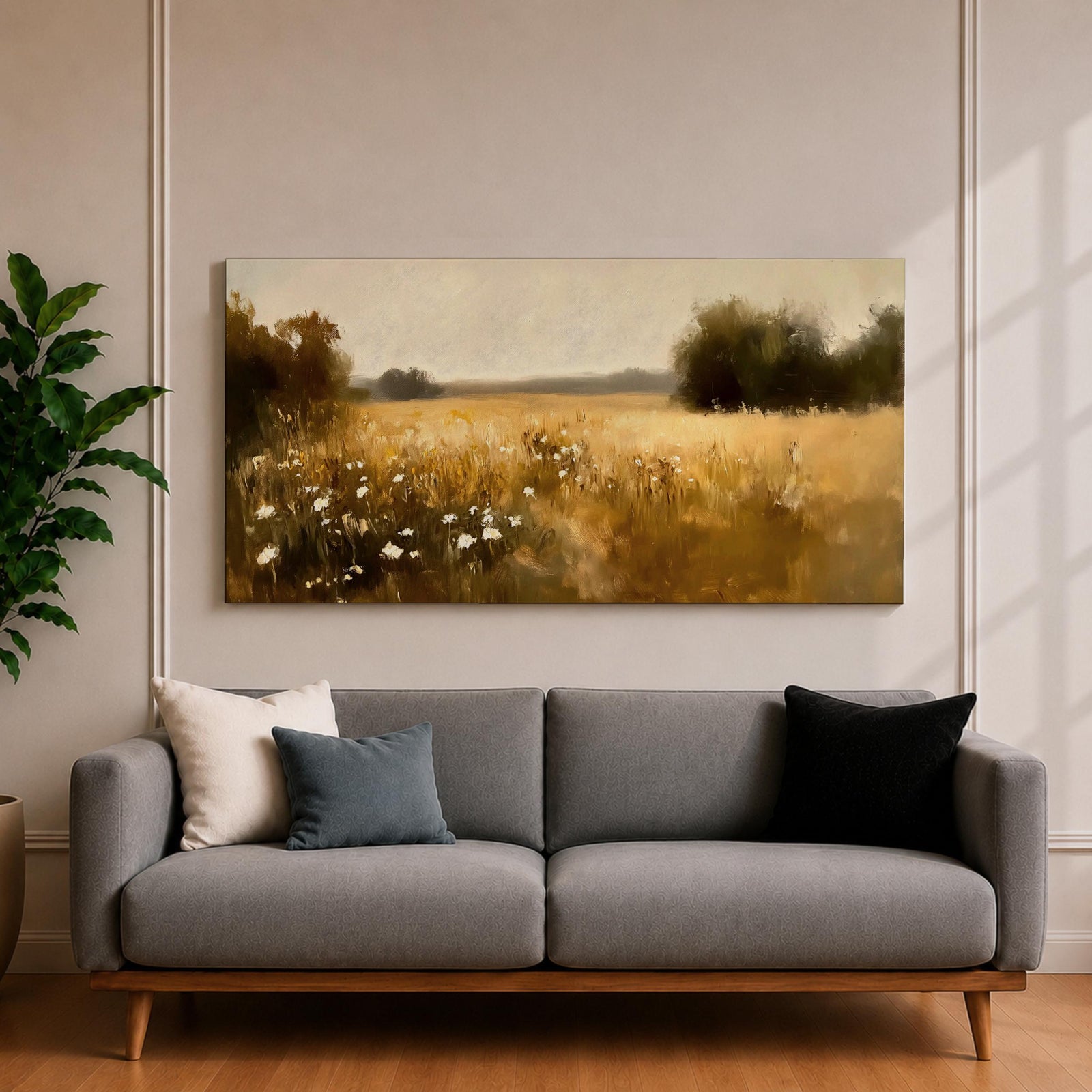 A panoramic painting of a golden meadow filled with tall grasses and scattered white wildflowers stretching across an open countryside field toward a distant horizon, bordered by darker tree clusters and rendered with soft impressionist brushstrokes in warm earthy tones that create depth and a quiet rural atmosphere.