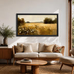 A panoramic painting of a golden meadow filled with tall grasses and scattered white wildflowers stretching across an open countryside field toward a distant horizon, bordered by darker tree clusters and rendered with soft impressionist brushstrokes in warm earthy tones that create depth and a quiet rural atmosphere.