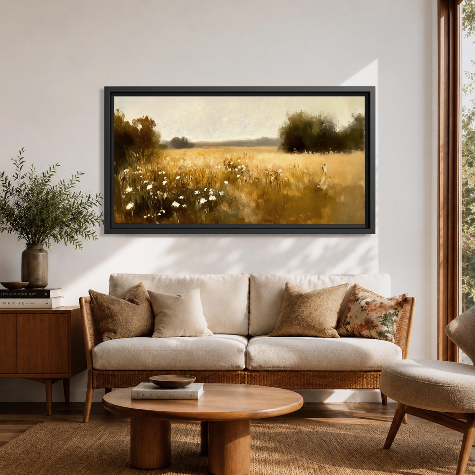 A panoramic painting of a golden meadow filled with tall grasses and scattered white wildflowers stretching across an open countryside field toward a distant horizon, bordered by darker tree clusters and rendered with soft impressionist brushstrokes in warm earthy tones that create depth and a quiet rural atmosphere.