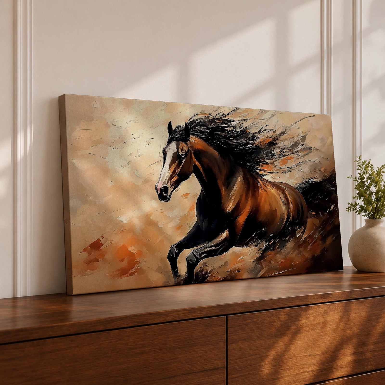 A panoramic painting of a powerful brown horse running at full speed with flowing black mane and tail, captured mid gallop with expressive brushstrokes and warm earthy tones, creating a sense of motion and energy against a textured background of beige and rust colored abstract strokes.