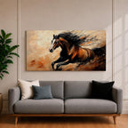A panoramic painting of a powerful brown horse running at full speed with flowing black mane and tail, captured mid gallop with expressive brushstrokes and warm earthy tones, creating a sense of motion and energy against a textured background of beige and rust colored abstract strokes.