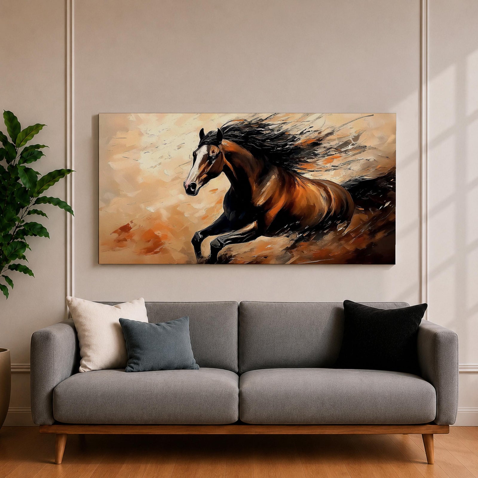 A panoramic painting of a powerful brown horse running at full speed with flowing black mane and tail, captured mid gallop with expressive brushstrokes and warm earthy tones, creating a sense of motion and energy against a textured background of beige and rust colored abstract strokes.