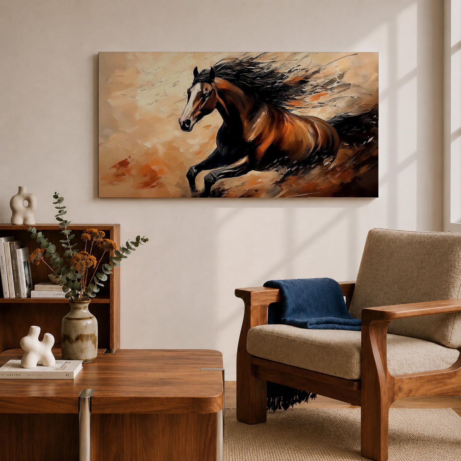 A panoramic painting of a powerful brown horse running at full speed with flowing black mane and tail, captured mid gallop with expressive brushstrokes and warm earthy tones, creating a sense of motion and energy against a textured background of beige and rust colored abstract strokes.