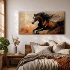 A panoramic painting of a powerful brown horse running at full speed with flowing black mane and tail, captured mid gallop with expressive brushstrokes and warm earthy tones, creating a sense of motion and energy against a textured background of beige and rust colored abstract strokes.