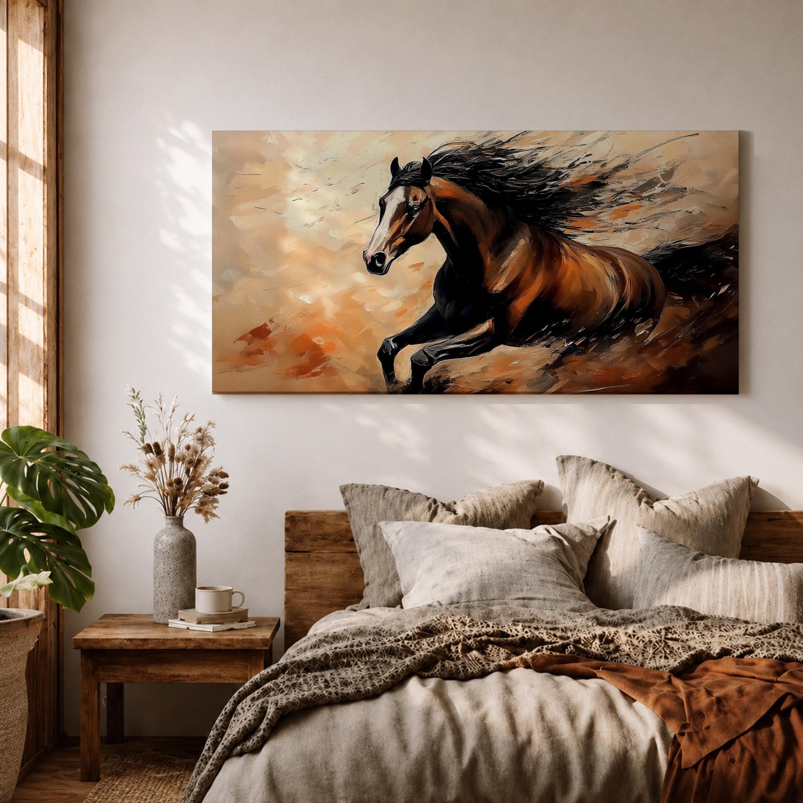 A panoramic painting of a powerful brown horse running at full speed with flowing black mane and tail, captured mid gallop with expressive brushstrokes and warm earthy tones, creating a sense of motion and energy against a textured background of beige and rust colored abstract strokes.