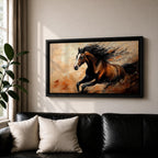 A panoramic painting of a powerful brown horse running at full speed with flowing black mane and tail, captured mid gallop with expressive brushstrokes and warm earthy tones, creating a sense of motion and energy against a textured background of beige and rust colored abstract strokes.