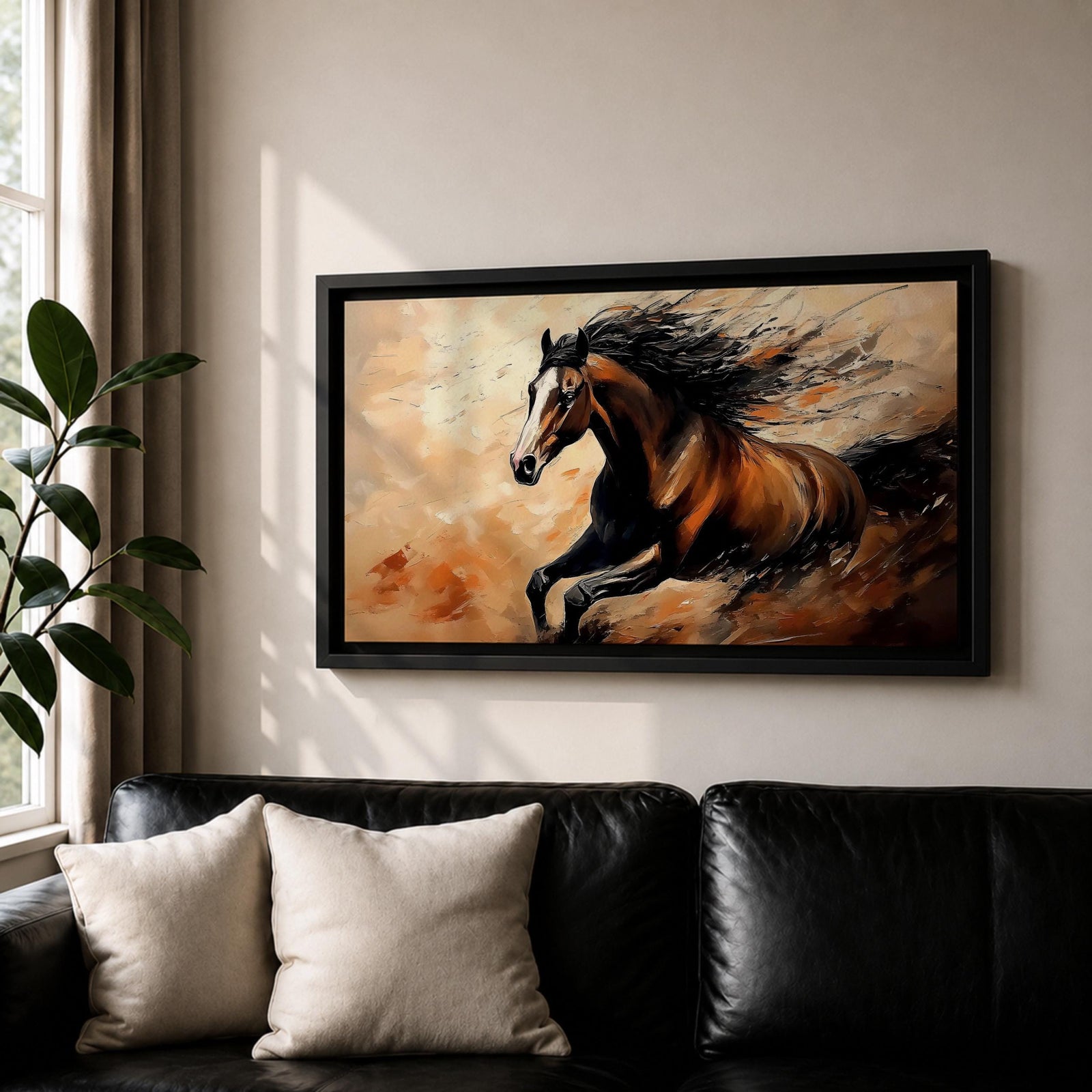 A panoramic painting of a powerful brown horse running at full speed with flowing black mane and tail, captured mid gallop with expressive brushstrokes and warm earthy tones, creating a sense of motion and energy against a textured background of beige and rust colored abstract strokes.