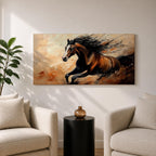 A panoramic painting of a powerful brown horse running at full speed with flowing black mane and tail, captured mid gallop with expressive brushstrokes and warm earthy tones, creating a sense of motion and energy against a textured background of beige and rust colored abstract strokes.