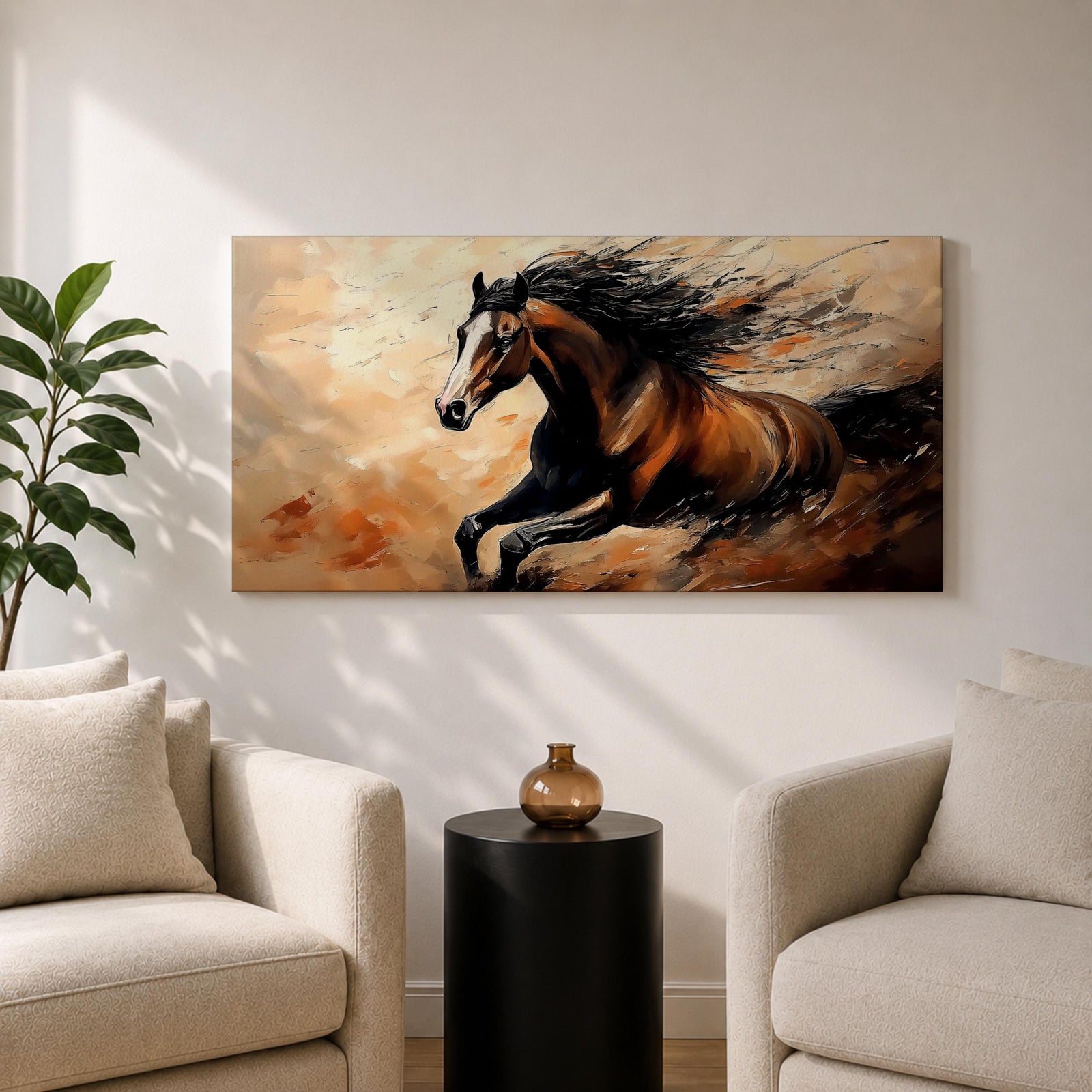 A panoramic painting of a powerful brown horse running at full speed with flowing black mane and tail, captured mid gallop with expressive brushstrokes and warm earthy tones, creating a sense of motion and energy against a textured background of beige and rust colored abstract strokes.
