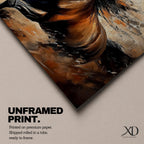 A panoramic painting of a powerful brown horse running at full speed with flowing black mane and tail, captured mid gallop with expressive brushstrokes and warm earthy tones, creating a sense of motion and energy against a textured background of beige and rust colored abstract strokes.