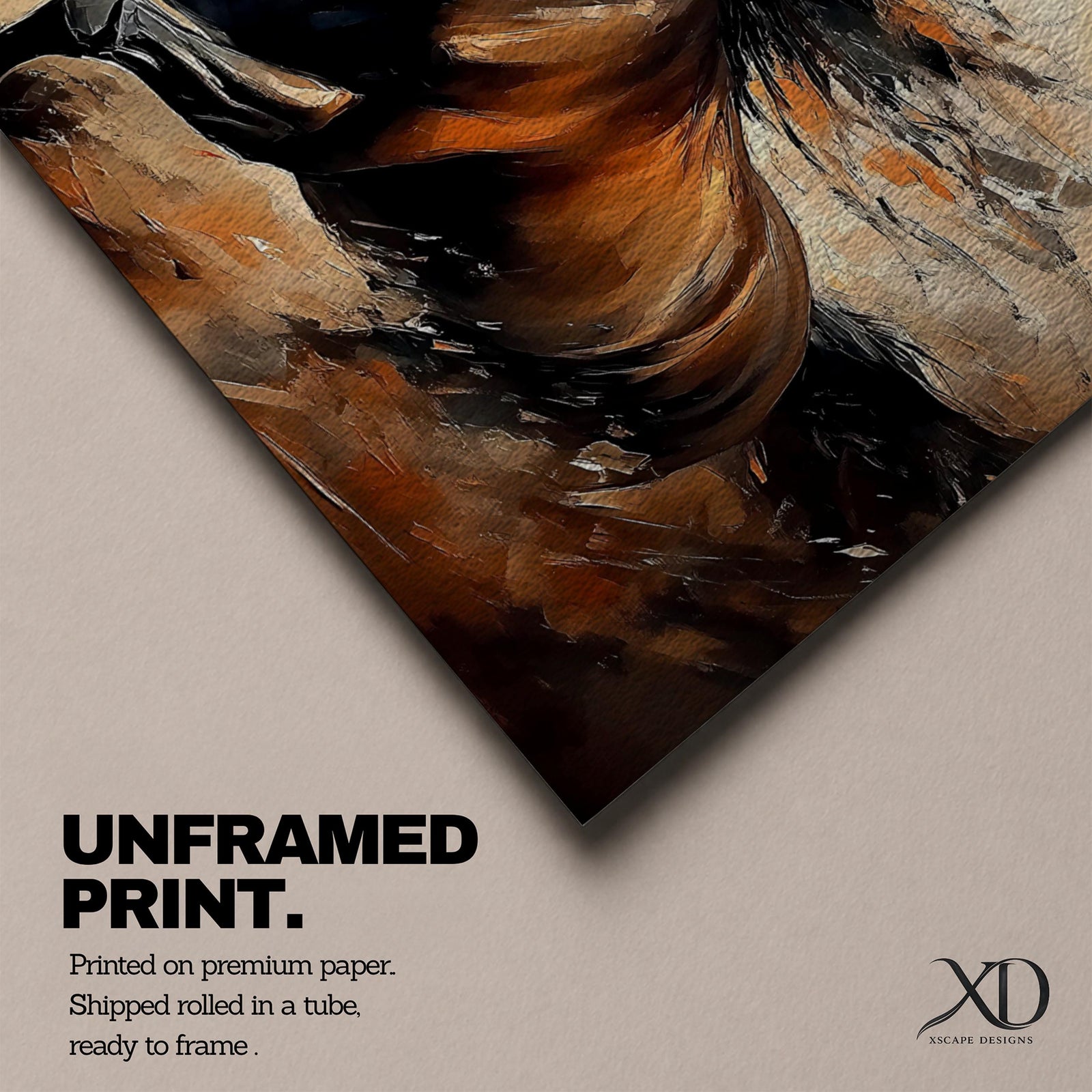 A panoramic painting of a powerful brown horse running at full speed with flowing black mane and tail, captured mid gallop with expressive brushstrokes and warm earthy tones, creating a sense of motion and energy against a textured background of beige and rust colored abstract strokes.