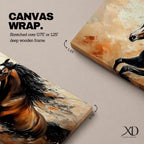 A panoramic painting of a powerful brown horse running at full speed with flowing black mane and tail, captured mid gallop with expressive brushstrokes and warm earthy tones, creating a sense of motion and energy against a textured background of beige and rust colored abstract strokes.