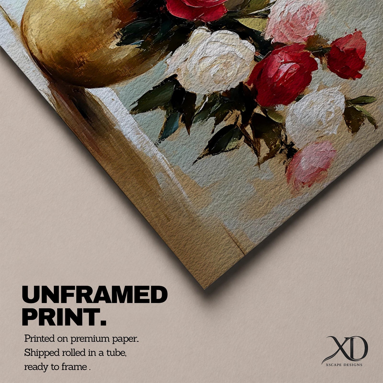 A panoramic still life painting of a large bouquet of red, white, and blush pink roses arranged in a round gold vase with green leaves spreading outward, rendered with textured brushstrokes and soft neutral background tones that emphasize the layered petals and balanced floral composition.