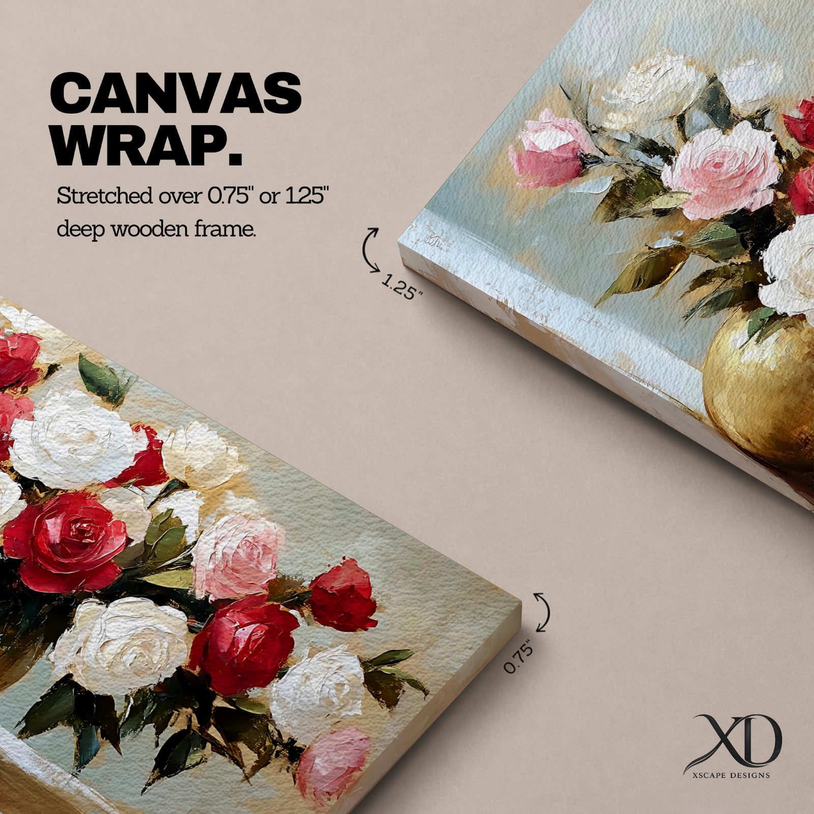A panoramic still life painting of a large bouquet of red, white, and blush pink roses arranged in a round gold vase with green leaves spreading outward, rendered with textured brushstrokes and soft neutral background tones that emphasize the layered petals and balanced floral composition.